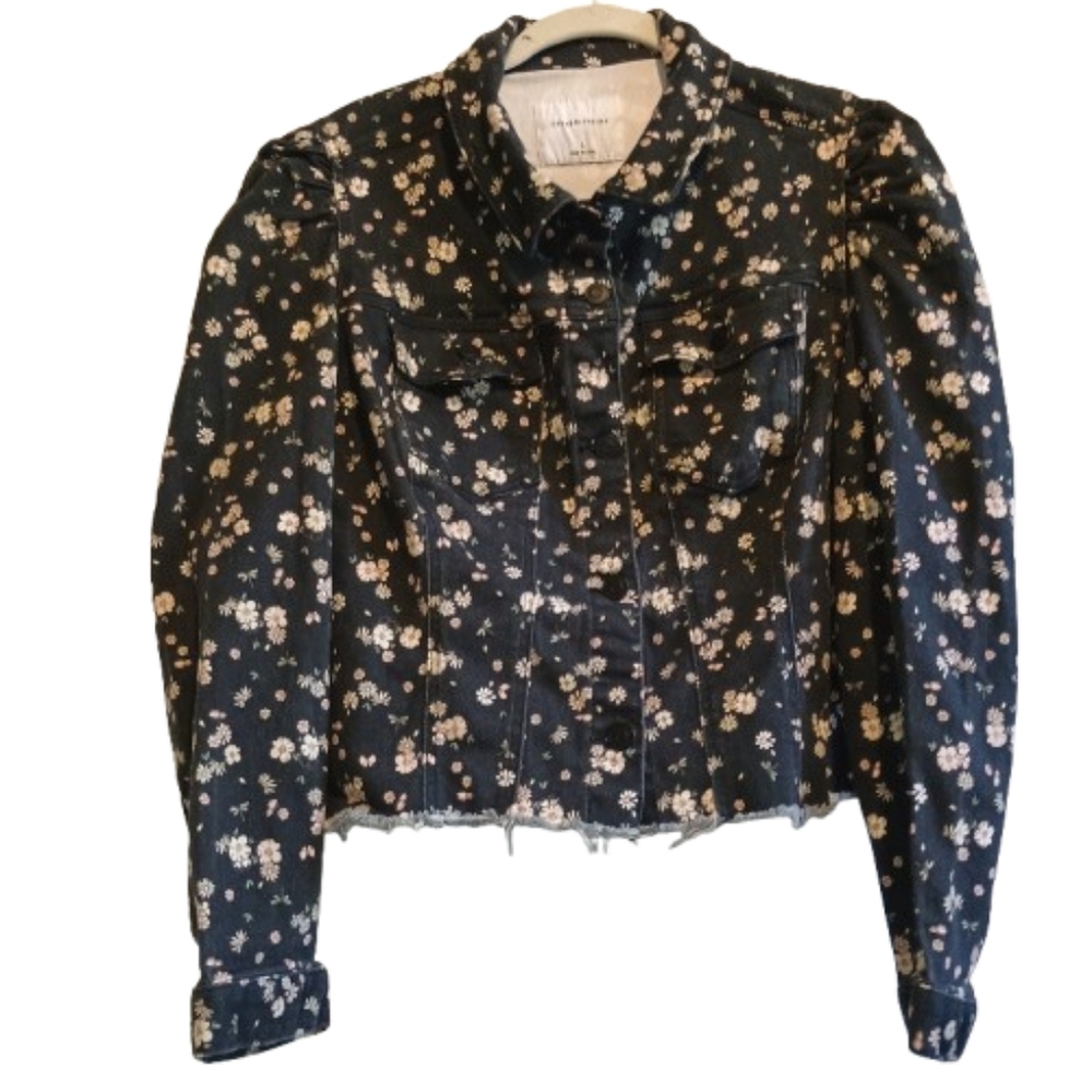 Celebrity Pink‎ Juniors Size Large Black Floral Denim Jacket Raw Hem Puff...